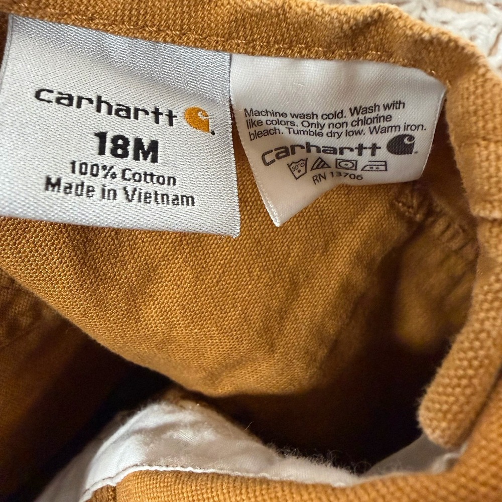 Carhartt Overalls Baby Sz 18 Monts Brown Duck Canvas Workwear Bibs Double Knee - Picture 3 of 9